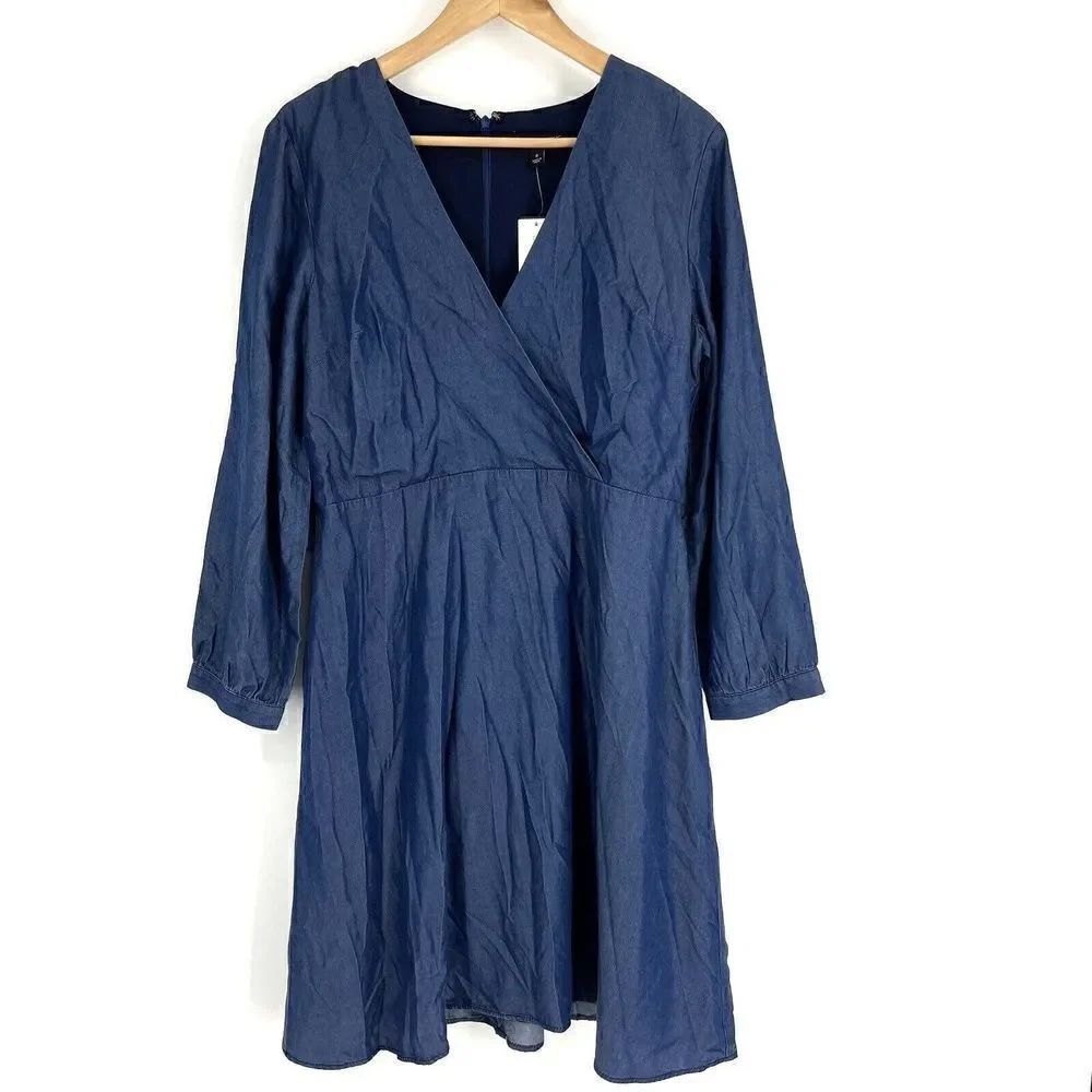 Banana Republic Dress Size 8 Womens Blue Chambray Faux Wrap Long Sleeve Lyocell